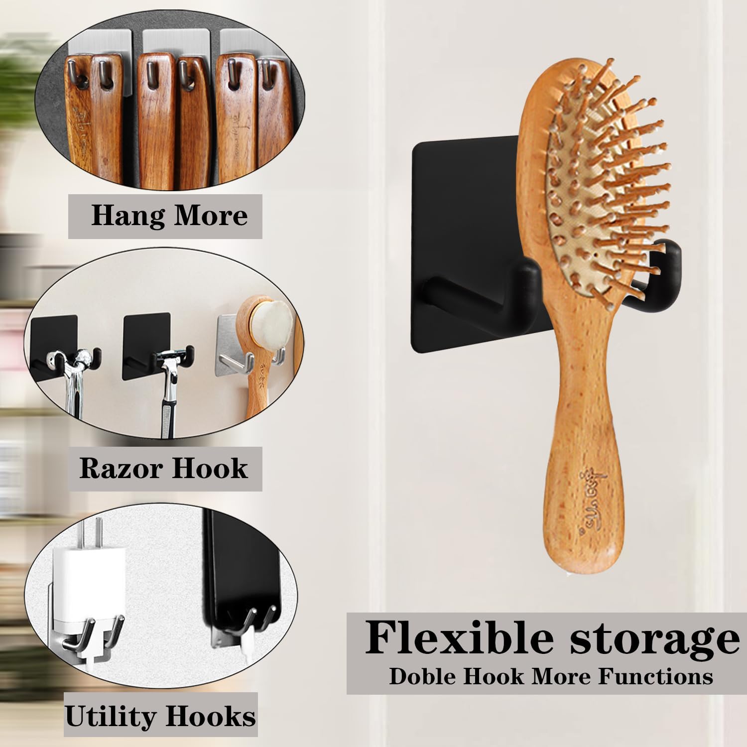 Razor Holder, Self Adhesive Towel Hooks for Bathroom, 6 Pack Stainless Steel Sticky Shower Razor Hook Waterproof Shaver Hanger Double Wall Hooks for Hanging Plug Loofah Robe(Matte Black)