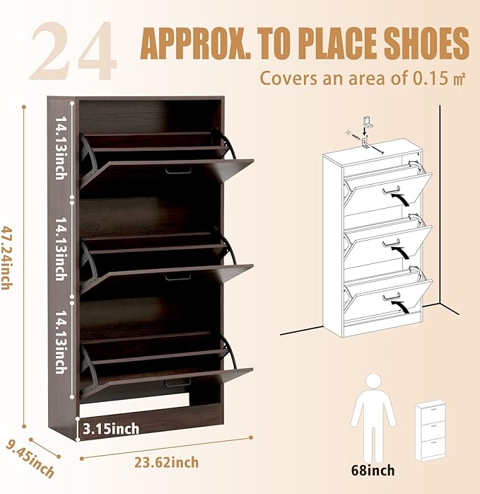 Shoe Cabinet with 3 Flip Drawers, Walnut Brown Freestanding Storage Racks