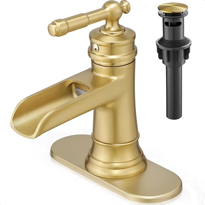 Waterfall Bathroom Sink Faucet, Brass Gold Bathroom Faucet 1 Hole, Single Handle Bathroom Faucets for Sinks, 4 Inch 3 Holes Faucet Bathroom Sink with Drain Deck Plate Supply Hoses for Lavatory