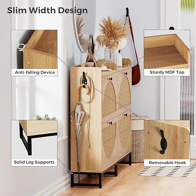 Shoe Cabinet with 2 Handmade Natural Rattan Flip Drawers