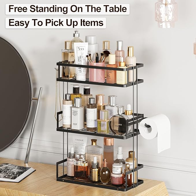 Bathroom Organizers and Storage, 3-Tier Bathroom Shelves, Over Toilet Storage with Paper Holder and 2 Hooks