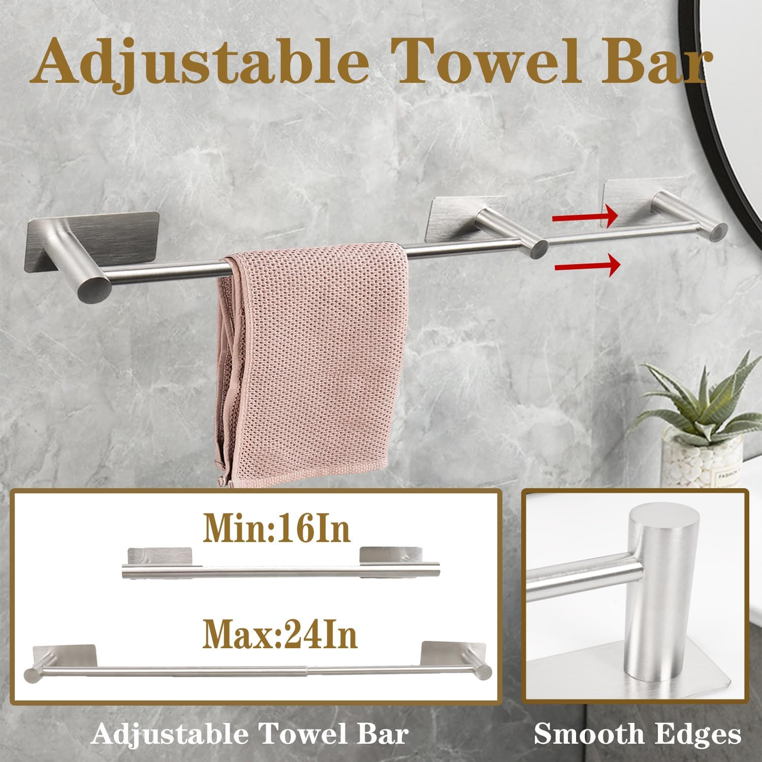 5 PCS Self Adhesive Bathroom Hardware Set, Stainless Steel Towel Rack Set Include Adjustable 24In Bath Towel Bar+Toilet Paper Holder+3 Towel/Robe Hooks Bathroom Accessory Kit(Brushed Nickel)