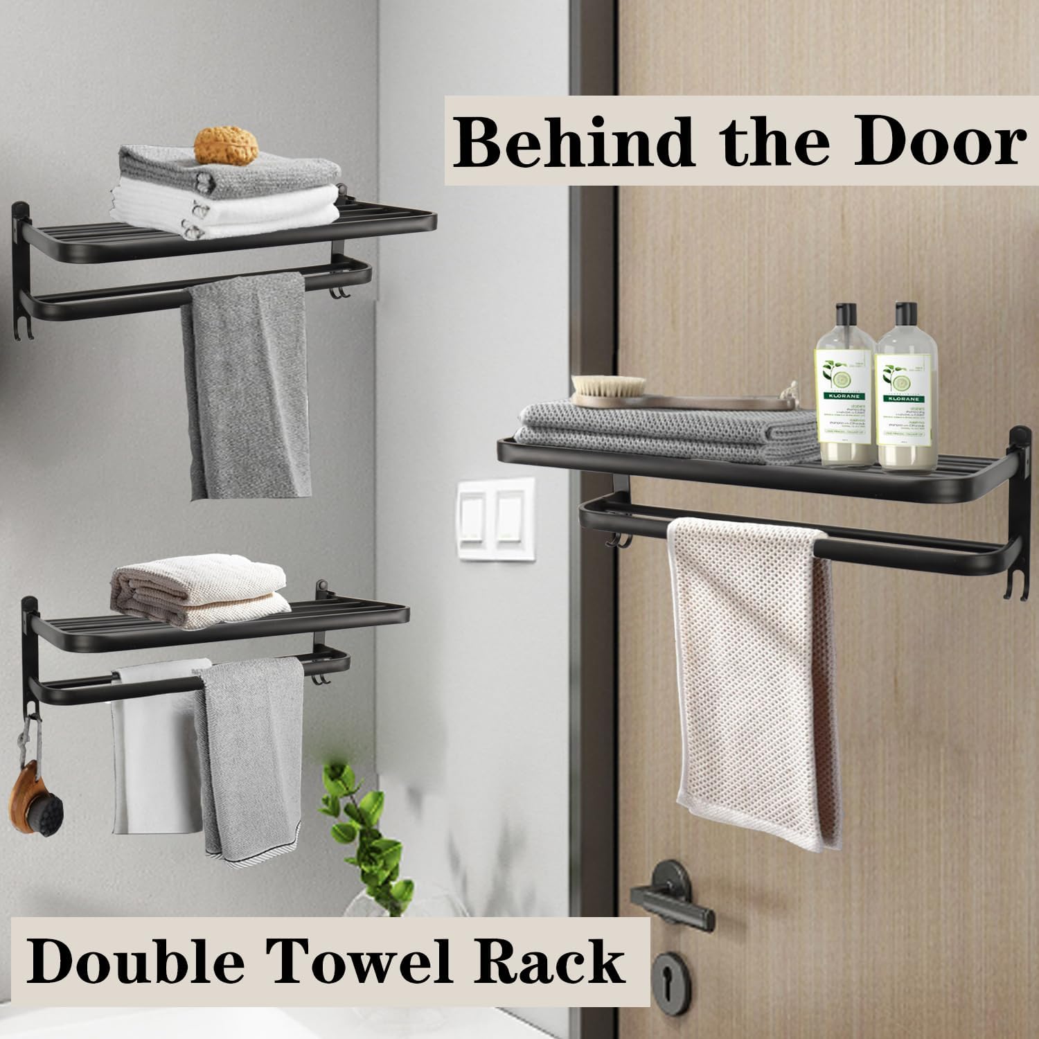 Towel Rack for Bathroom, Bath Towel Holder with Double Towel Bar and Foldable Towel Shelf, Rustproof Towel Organizer Wall Mounted Towel Storage Hanger (24In Black)