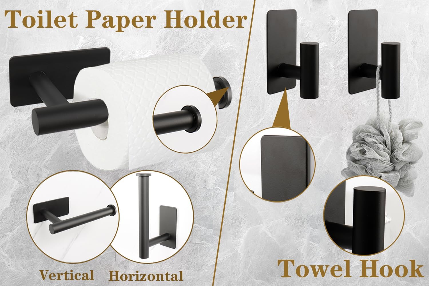 6 PCS Self Adhesive Bathroom Hardware Set, Stainless Steel Towel Rack Set - Adjustable 24In Bath Towel Bar+Toilet Paper Holder+3 Towel Hooks+Towel Ring Bathroom Accessory Kit(Matte Black)