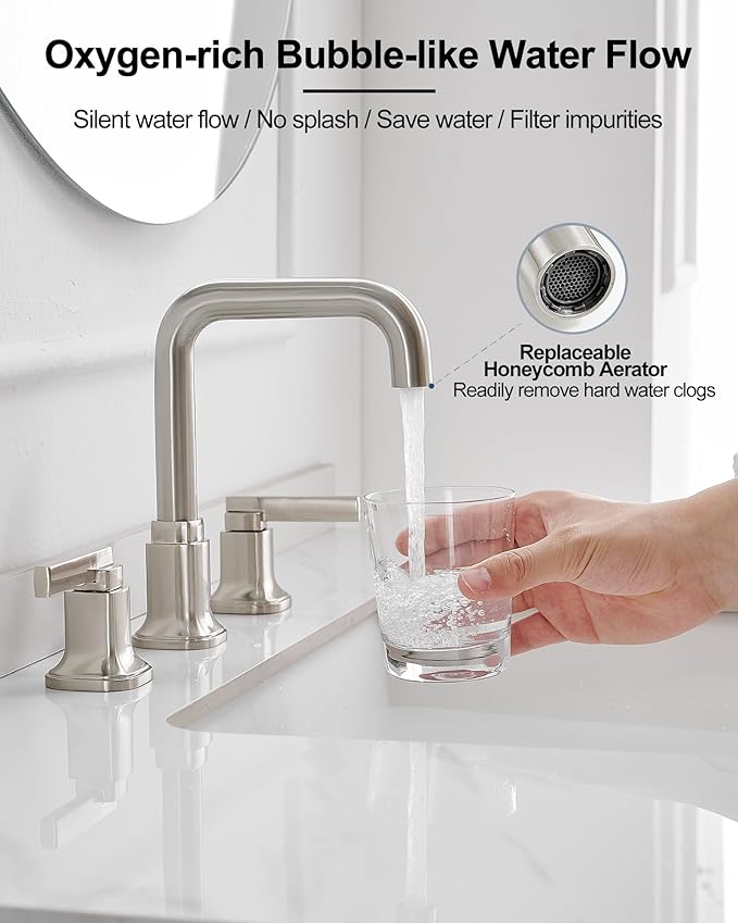 8 Inch Widespread Bathroom Faucet Brushed Nickel Bathroom Sink Faucet 3 Hole, 360 Degree Swivel Bathroom Faucets for Sink, 2 Handles Bath Faucet with Pop-Up Drain, 5 Mins Easy Installation