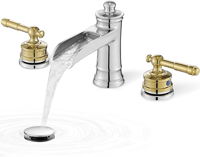 3 Hole Bathroom Faucet, Brass Waterfall Bathroom Sink Faucet, Chrome Gold 4-16 Inch Bathroom Faucets, 2 Handle Bathroom Widespread Faucet with Pop-up Drain & Supply Hoses, Unique, Lifetime Use