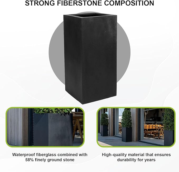 Fiber Stone Indoor Outdoor Modern Black High Square Planter