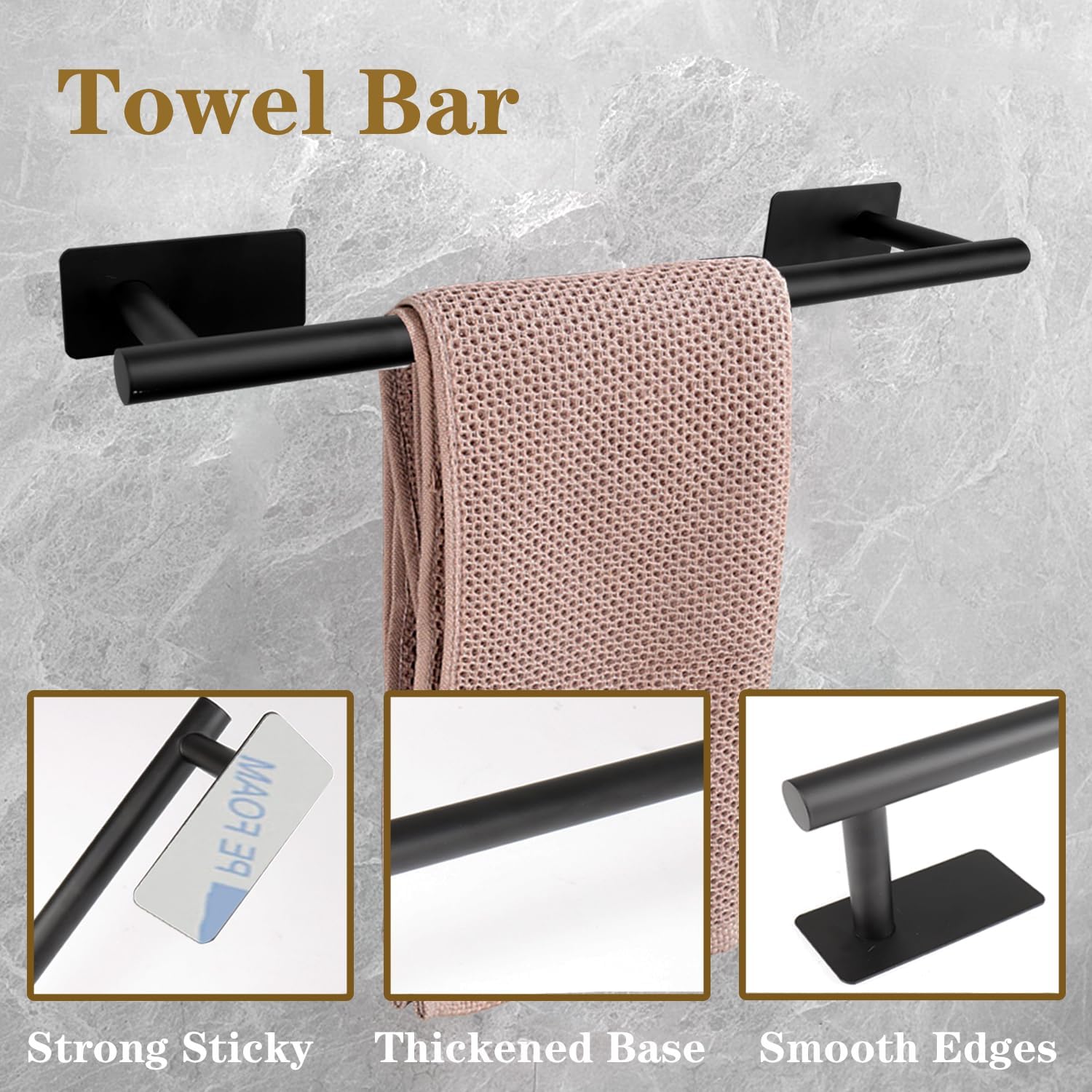 Self Adhesive Bath Towel Bar, Stainless Steel Towel Racks for Bathroom No Drilling Heavy Duty Towel Holder Stick on Wall Sturdy and Rustproof Towel Hanger for Bathroom(Matte Black,16In)