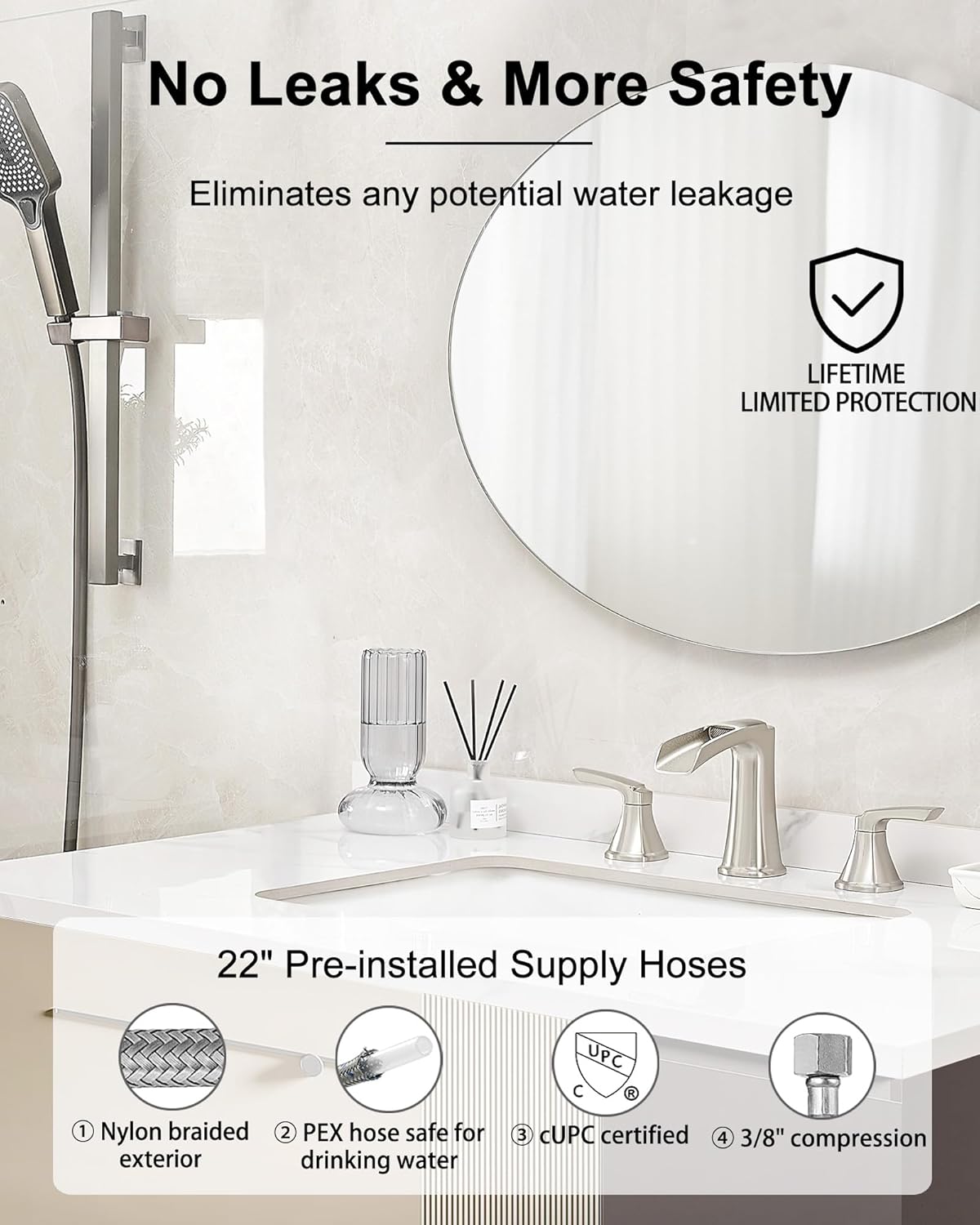 Brushed Nickel Bathroom Faucets, Brass Widespread Waterfall Faucet for Bathroom Sink, 3 Hole Bathroom Sink Faucet, 4-16 Inch 2 Handle Bathroom Vanity Faucets with Pop-up Drain for Lavatory RV