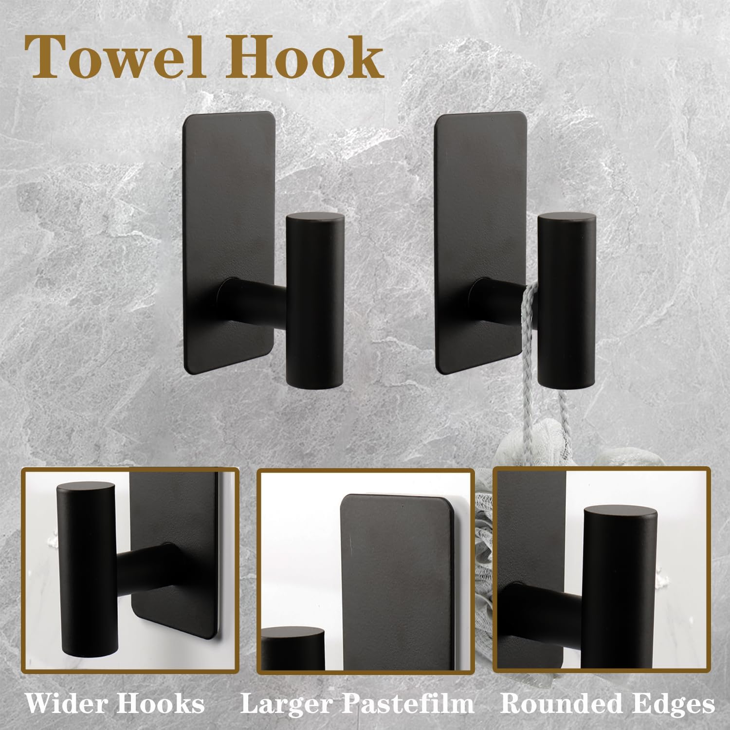 5 PCS Self Adhesive Bathroom Hardware Set, Stainless Steel Towel Rack Set Include 16In Bath Towel Bar+Toilet Paper Holder+3 Towel/Robe Hooks No Drill Bathroom Accessory Kit(Matte Black)
