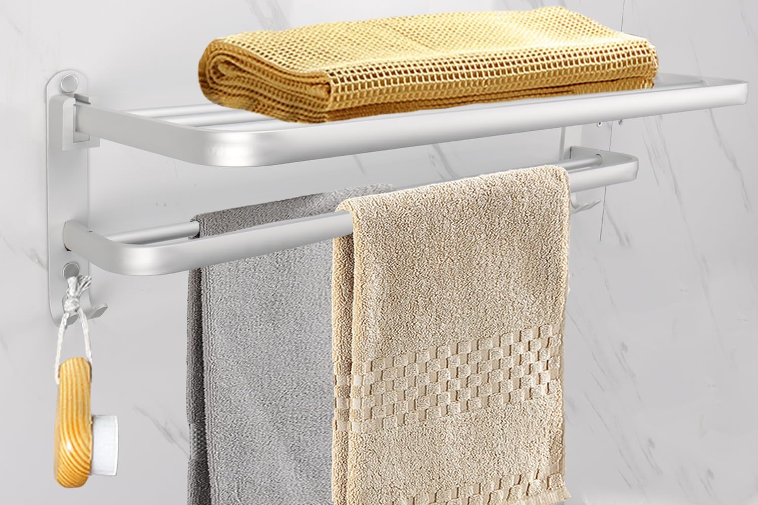 Bath Towel Holder with Double Towel Bar and Fold-able Towel Shelf, Rustproof Towel Organizer Wall Mounted Towel Storage Hanger (16In Sliver)