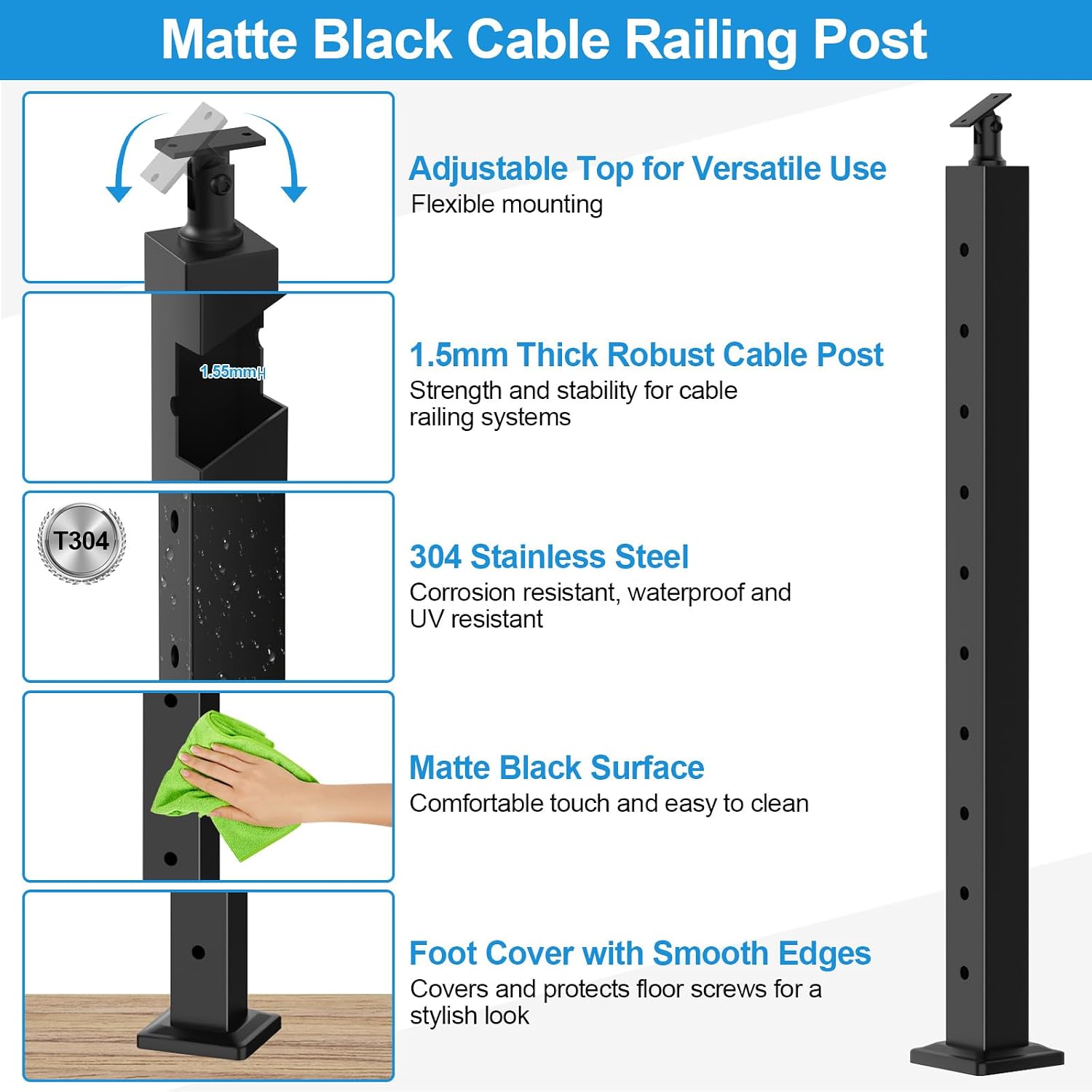 4FT-8FT Swageless Cable Railing Post Kit with Handrail for Stairs