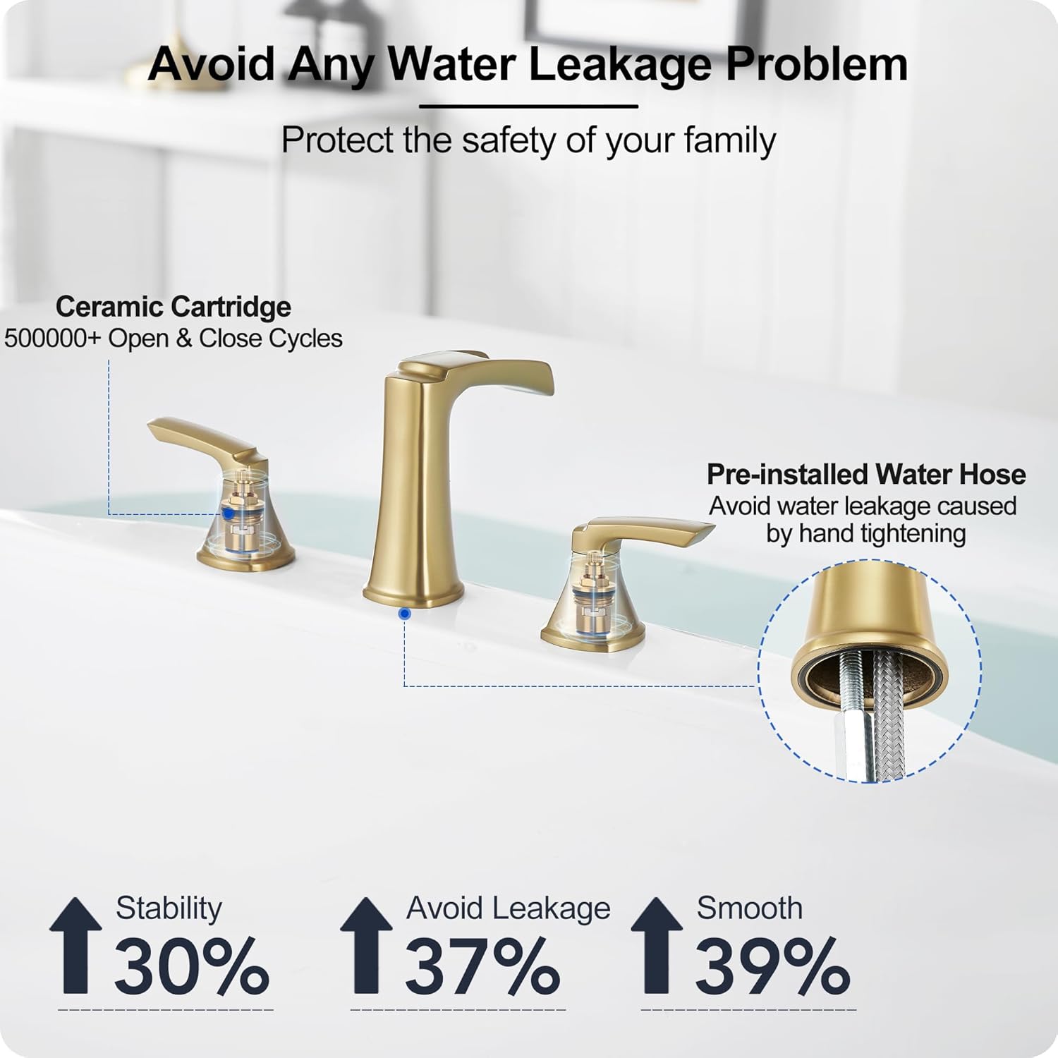 Brass Waterfall Tub Faucet Brushed Gold Bathtub Faucet Set, 3 Hole High Flow Roman Tub Faucet, 6-16 Inch Widespread Deck Mount Tub Faucets 2 Handle with Supply Water Hoses Quick Installation