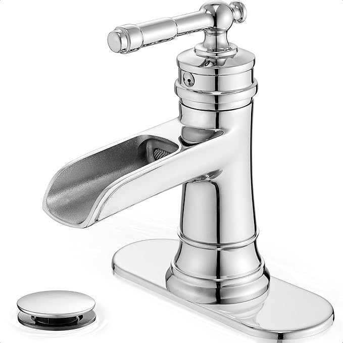 Bathroom Waterfall Faucet, Brass Chrome Bathroom Faucet, Bathroom Sink Faucet One Hole, 3 Hole (4 Inch) Bathroom Faucets Single Handle with Drain Deck Plate Supply Hoses for Lavatory Vanity