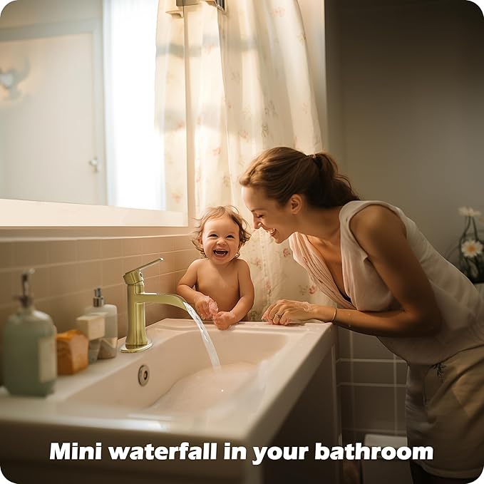 Brushed Gold Sink Faucet Bathroom Brass Waterfall Bathroom Faucet Single Handle, Lavatory Faucets Bathroom, 4 Inch 1 or 3 Hole Bathroom Faucet with Pop-Up Drain & Deck Plate Quick Install