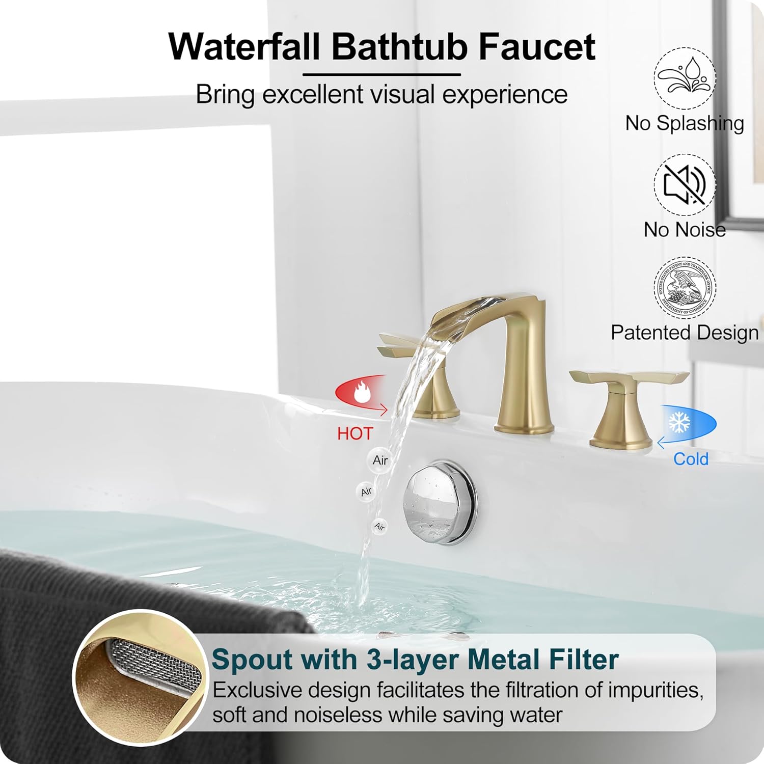 Brass Waterfall Tub Faucet Brushed Gold Bathtub Faucet Set, 3 Hole High Flow Roman Tub Faucet, 6-16 Inch Widespread Deck Mount Tub Faucets 2 Handle with Supply Water Hoses Quick Installation