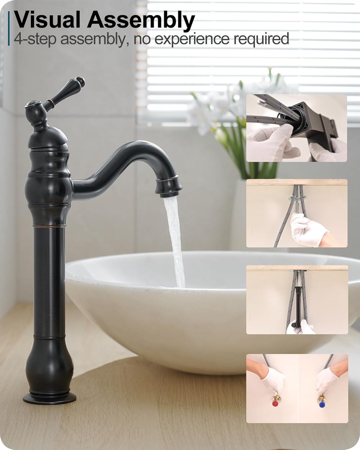 Oil Rubbed Bronze Bathroom Faucet 1 Hole, Brass Tall Bathroom Faucet Single Handle, 360 Degree Swivel Bath Faucet, Vessel Sink Faucet Bathroom Faucets with Pop-up Drain & Aerator for Farmhouse