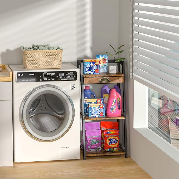 3-Tier Bathroom Ladder Shelf, Bathroom Floor Storage Shelf with Drawer, Freestanding Tower Shelf