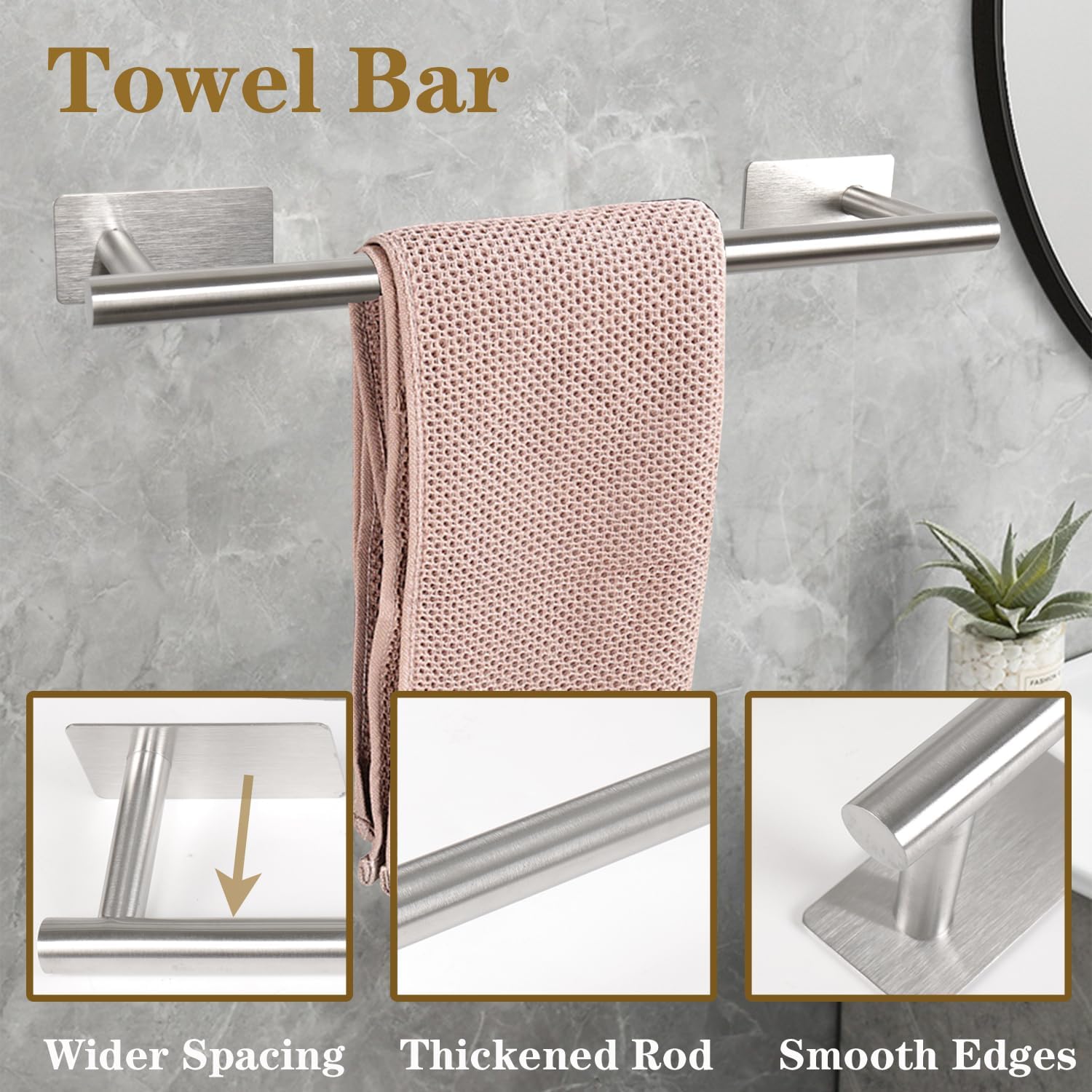 Self Adhesive Bath Towel Bar, Stainless Steel Towel Racks for Bathroom No Drilling Heavy Duty Towel Holder Stick on Wall Sturdy and Rustproof Towel Hanger for Bathroom(Brushed Nickel,16In)