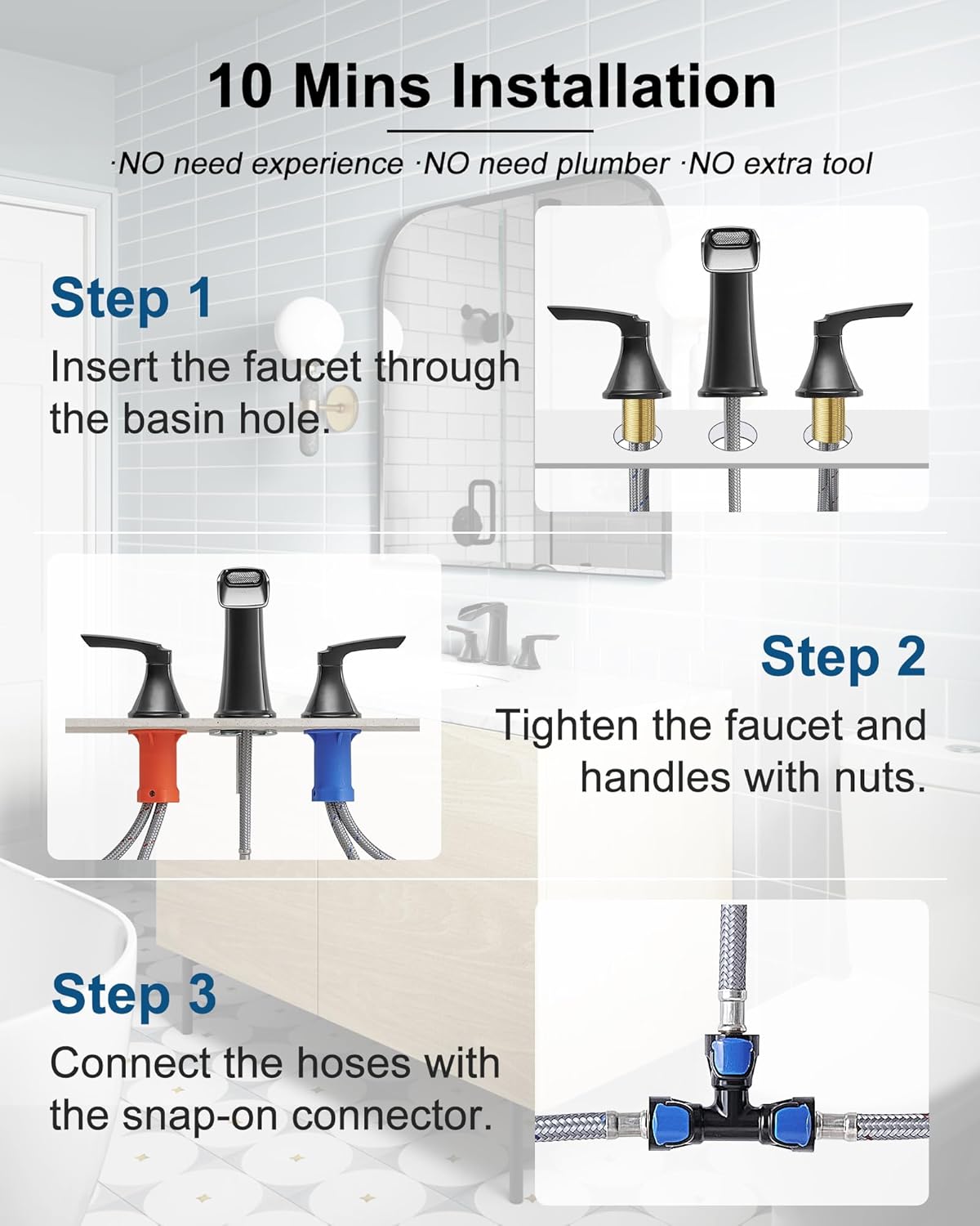 Black Widespread Bathroom Faucet, Brass Waterfall Bathroom Sink Faucet 3 Hole, 2 Handle Bathroom Faucets 8 Inch Faucet for Bathroom Sink Vanity Lavatory Farmhouse RV with Pop-up Drain & Hose