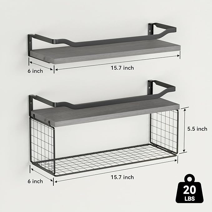 Floating Shelves with Wire Storage Basket, Bathroom Shelves Over Toilet with Protective Metal Guardrail