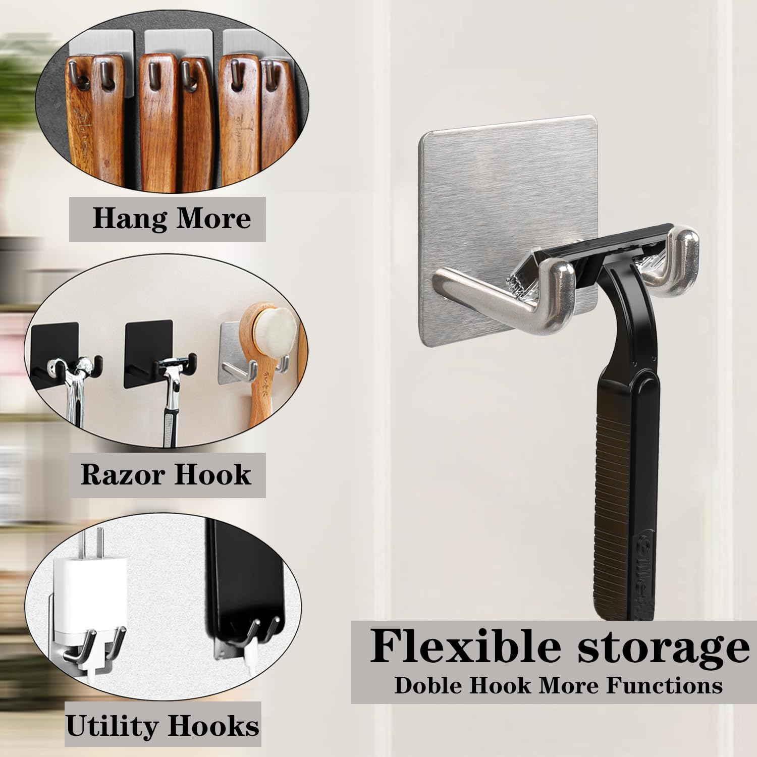 Razor Holder, Self Adhesive Towel Hooks for Bathroom, 4 Pack Stainless Steel Sticky Shower Razor Hook Waterproof Shaver Hanger Double Wall Hooks for Hanging Plug Loofah Robe(Brushed Nickel)