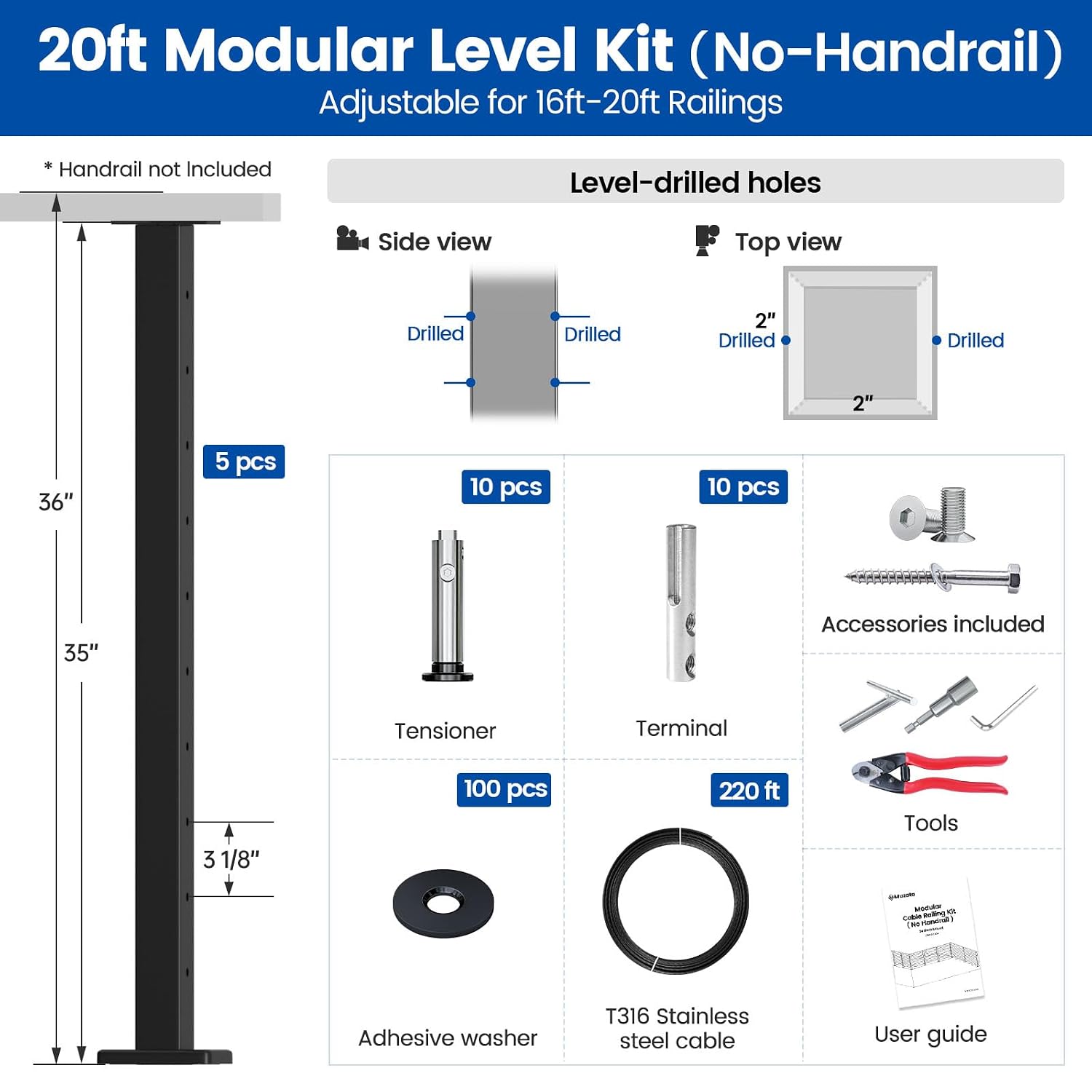 16-20ft Modular Cable Railing Kit for Deck Surface Mount 36in RW17