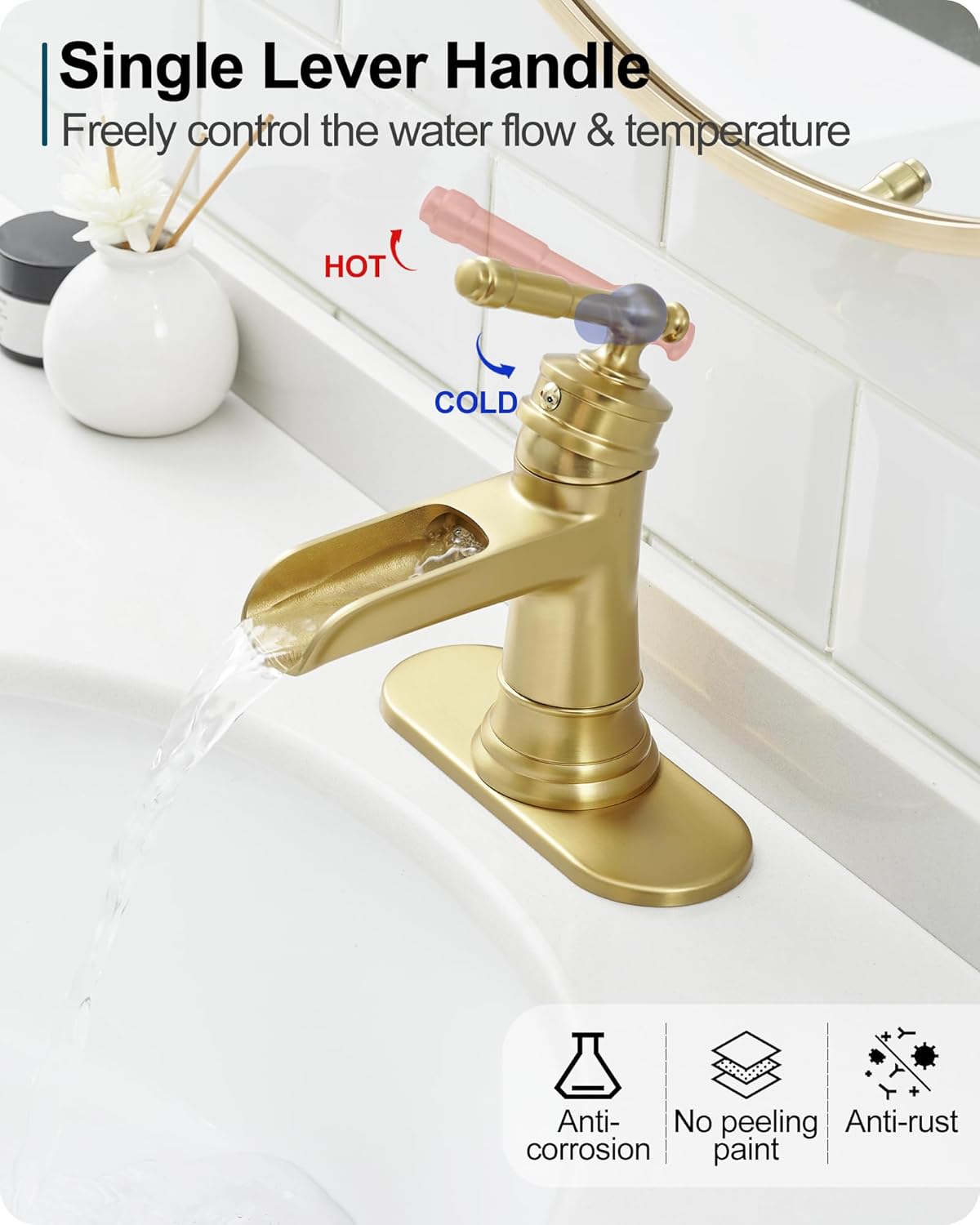 Waterfall Bathroom Sink Faucet, Brass Gold Bathroom Faucet 1 Hole, Single Handle Bathroom Faucets for Sinks, 4 Inch 3 Holes Faucet Bathroom Sink with Drain Deck Plate Supply Hoses for Lavatory