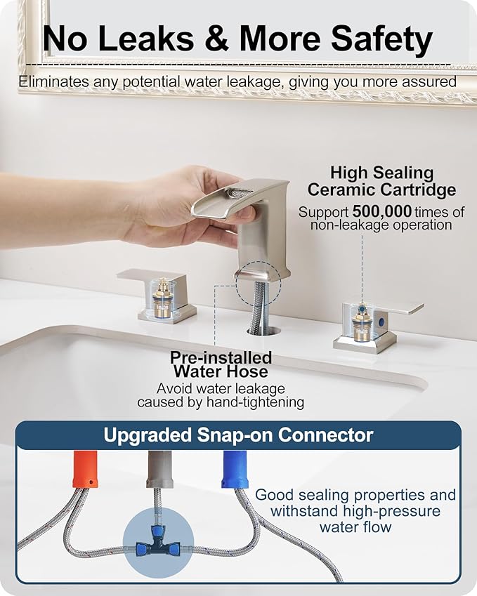 Bathroom Waterfall Faucet, Brass 4-16 Inch Brushed Nickel Faucet Bathroom Widespread 2 Handles Bathroom Sink Faucets 3 Hole with Hoses & Drain