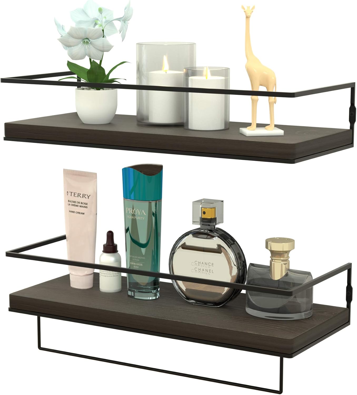 Floating Shelves for Wall Set of 2, Wall Mounted Storage Shelves with Metal Frame and Towel Rack for Bathroom