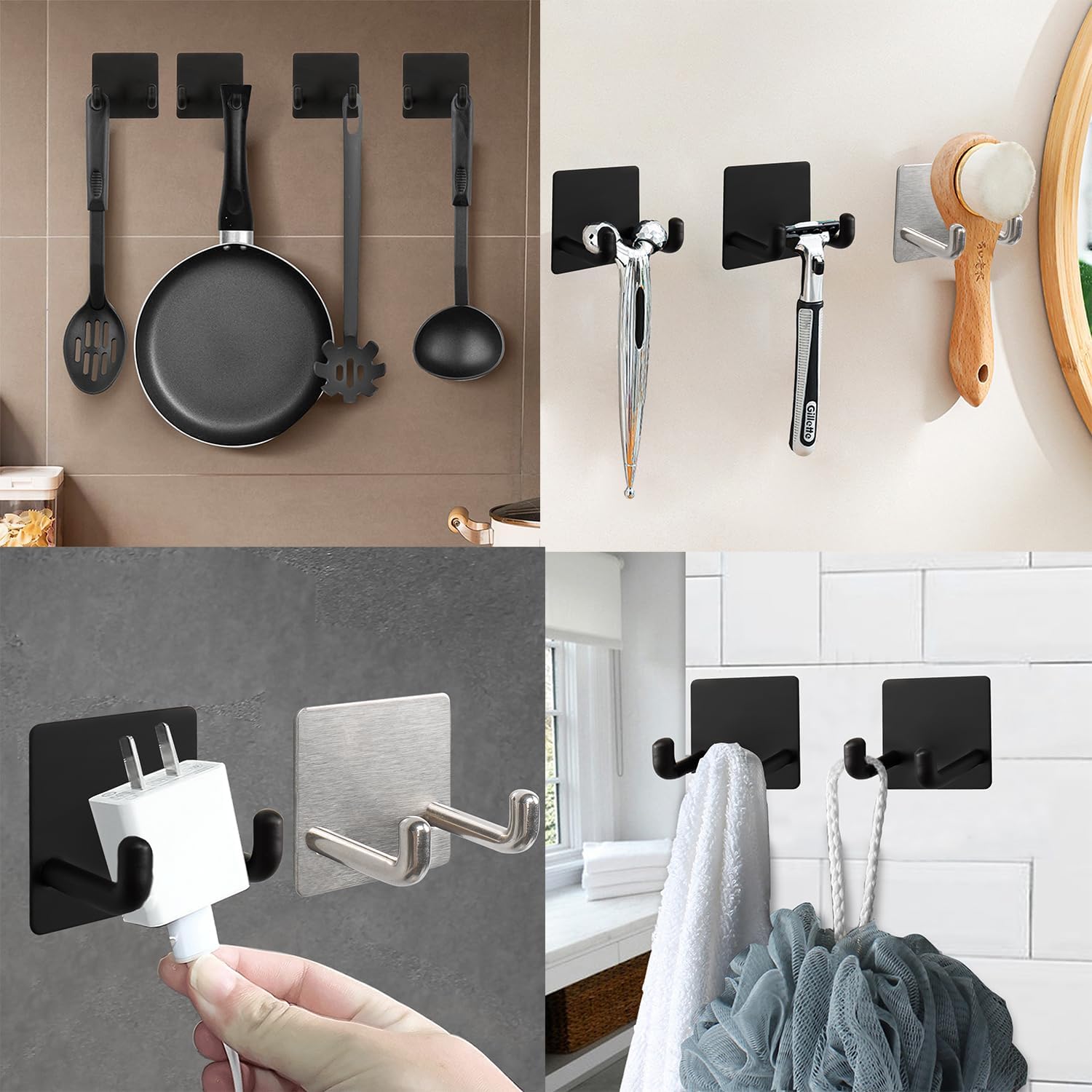 Razor Holder, Self Adhesive Towel Hooks for Bathroom, 6 Pack Stainless Steel Sticky Shower Razor Hook Waterproof Shaver Hanger Double Wall Hooks for Hanging Plug Loofah Robe(Matte Black)