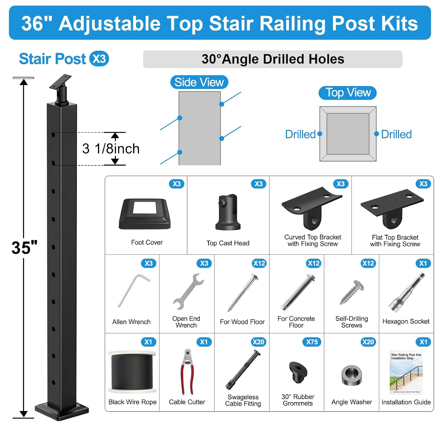 36" Complete Set Stair Cable Railing Post Kits, Wire Railing System