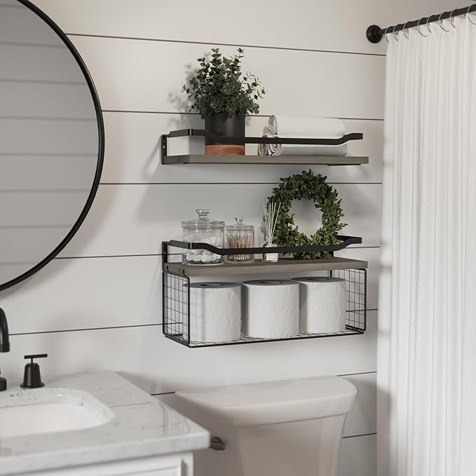 Floating Shelves with Wire Storage Basket, Bathroom Shelves Over Toilet with Protective Metal Guardrail