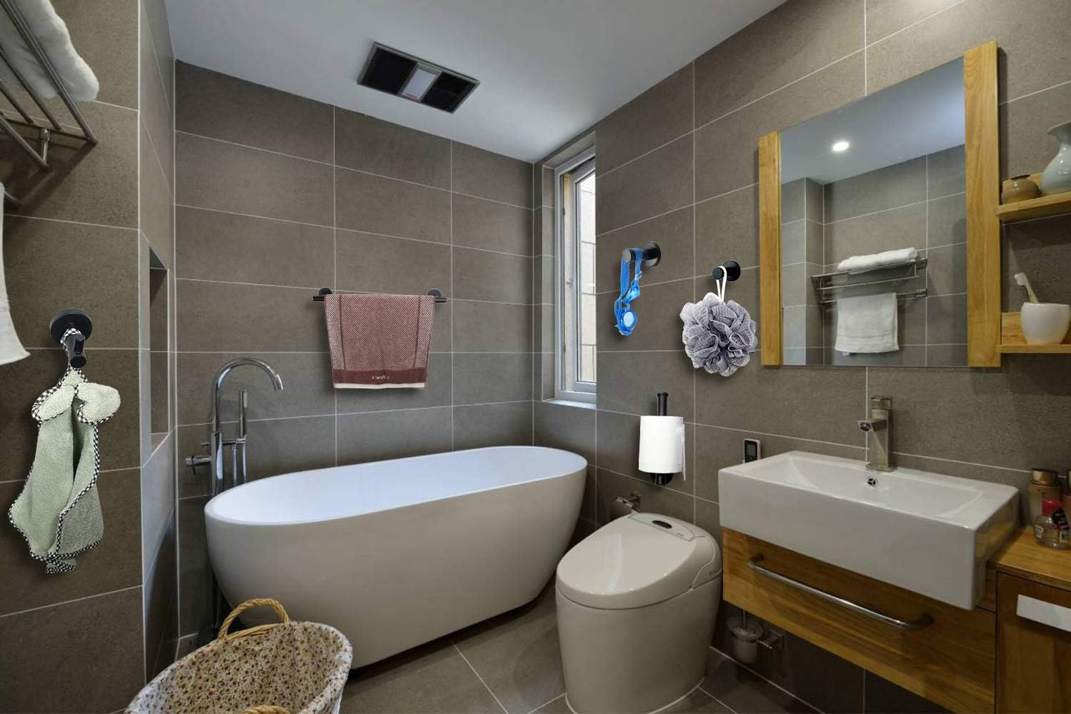 6 Pcs Bathroom Hardware Set 304 Stainless Steel-Towel Rack Set Include Hand Towel Bar+Toilet Paper Holder+4 Robe Towel Hooks Bathroom Accessory Towel Bar Set (Black, 16IN)