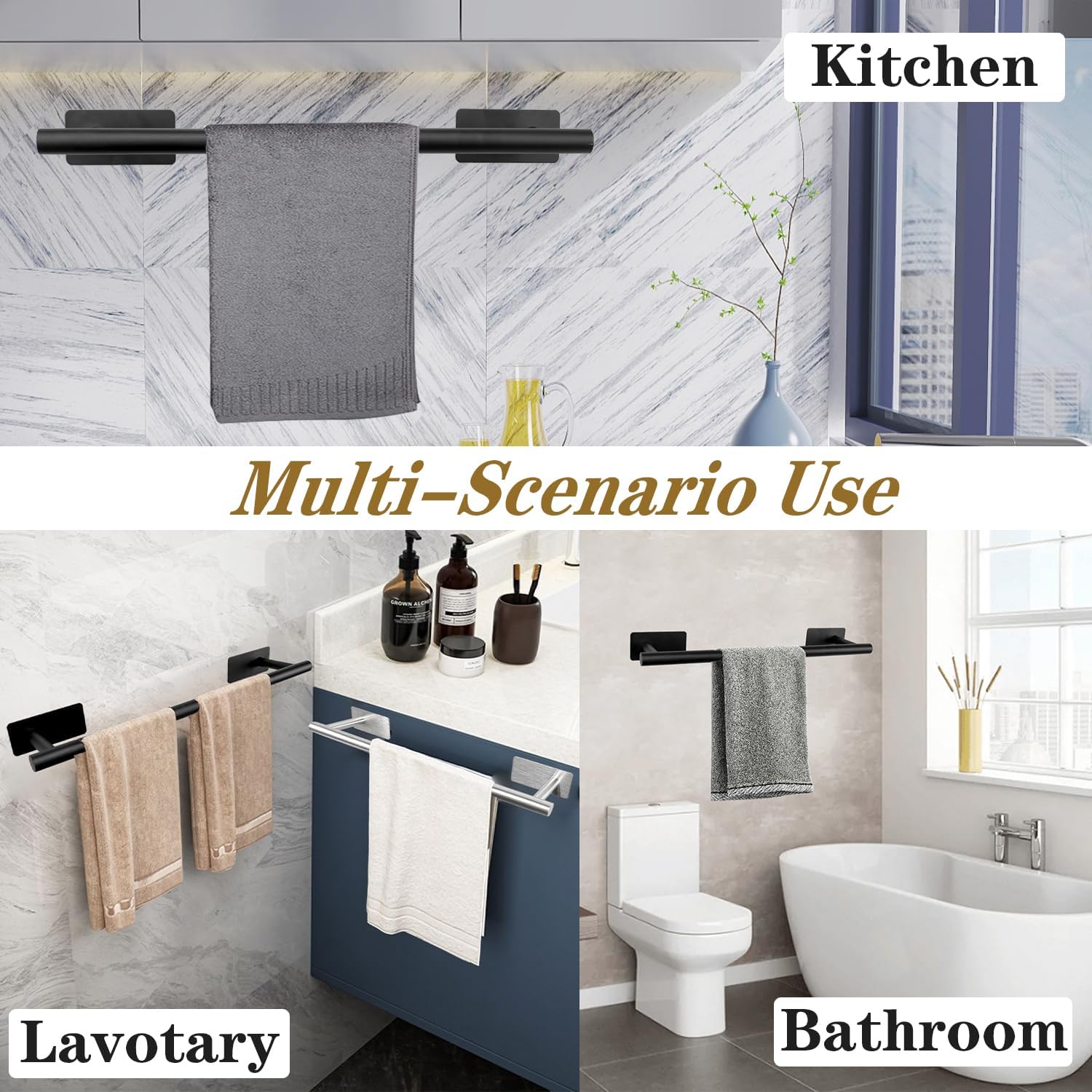 Self Adhesive Bath Towel Bar, Stainless Steel Towel Racks for Bathroom No Drilling Heavy Duty Towel Holder Stick on Wall Sturdy and Rustproof Towel Hanger for Bathroom(Matte Black,16In)