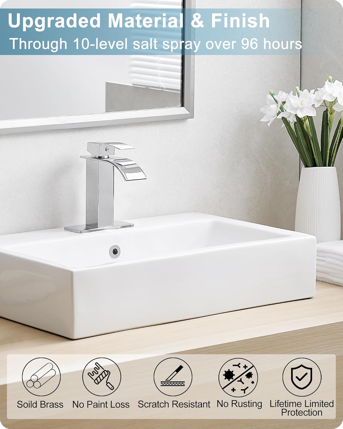 Bathroom Waterfall Faucet, Brass Chrome Bathroom Faucet Single Hole or 3 Hole (4 Inch) Bathroom Faucets Single Handle with Deck Plate & Pop-Up Drain Water Hoses for Apartment 5 Mins Installation