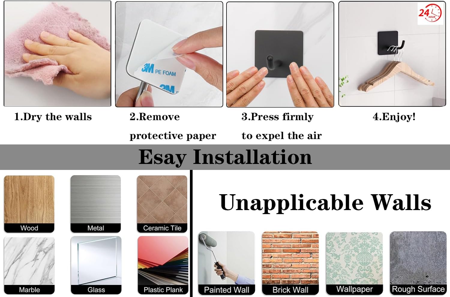 Bath Towel Hooks - 6 Pack Long Self Adhesive Coat/Clothes Hooks, No Drilling Strong Sticky Hooks, Heavy Duty 304 Stainless Steel Shower Wall Hook for Bathroom Kitchen Bedroom(Matte Black)