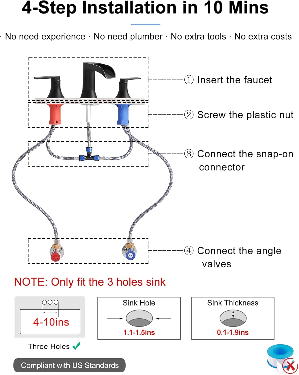 Waterfall Bathroom Sink Faucet, Brass Black Bathroom Faucet, 4-8 Inch 2 Handles Widespread Bathroom Faucets for Sink 3 Hole Vanity Lavatory Farmhouse RV with Pop Up Drain and Supply Hose