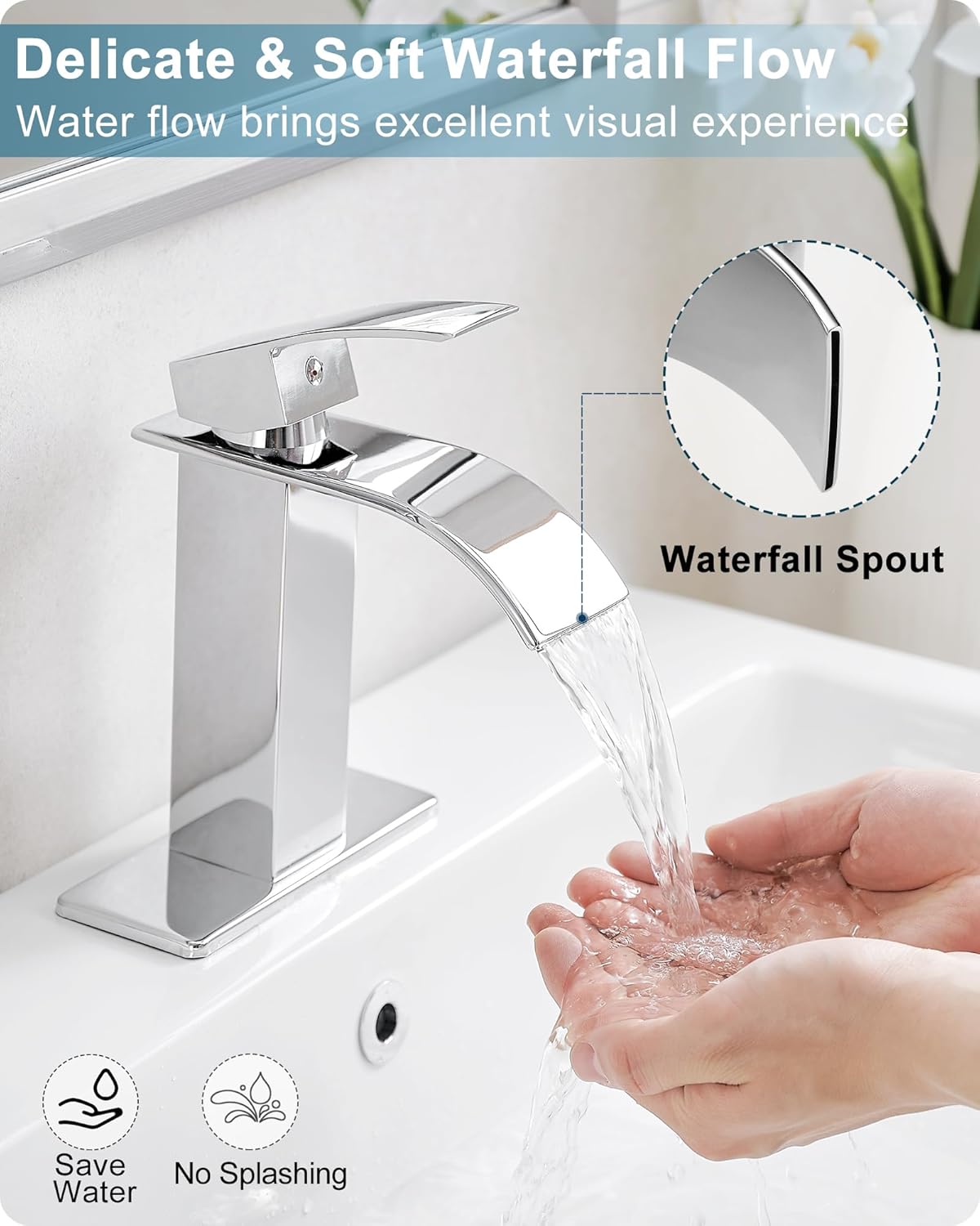 Bathroom Waterfall Faucet, Brass Chrome Bathroom Faucet Single Hole or 3 Hole (4 Inch) Bathroom Faucets Single Handle with Deck Plate & Pop-Up Drain Water Hoses for Apartment 5 Mins Installation