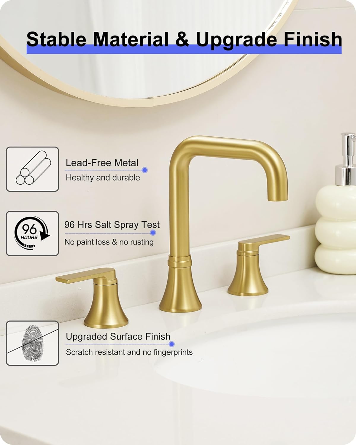 Brushed Gold Bathroom Faucet Widespread 4-16 Inch Sink Faucet Bathroom 3 Hole, 360 Degree Swivel Bathroom Faucets for Sink, Faucet for Bathroom Sink with 2 Handles & Pop-Up Drain Saving Water
