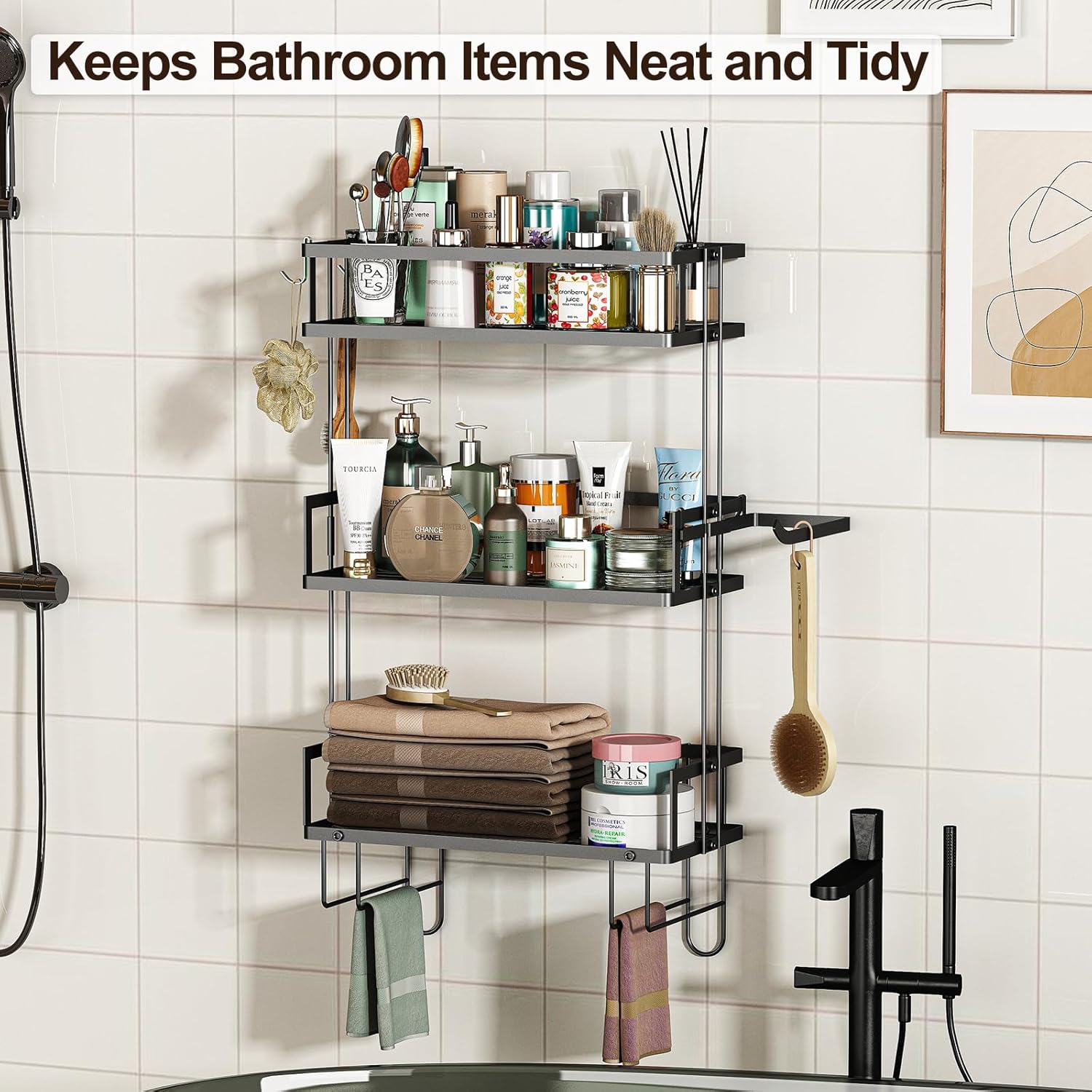 Bathroom Organizers and Storage, 3-Tier Bathroom Shelves, Over Toilet Storage with Paper Holder and 2 Hooks