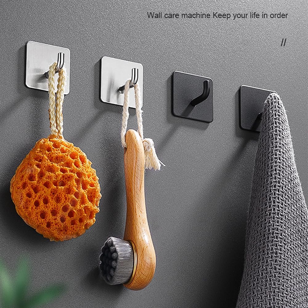 Bath Towel Hooks - 6 Pack Strong Self Adhesive Coat/Clothes Hooks, No Drilling Sticky Hooks, Heavy Duty 304 Stainless Steel Shower Wall Hook for Bathroom Kitchen Bedroom(Brushed Nickel)