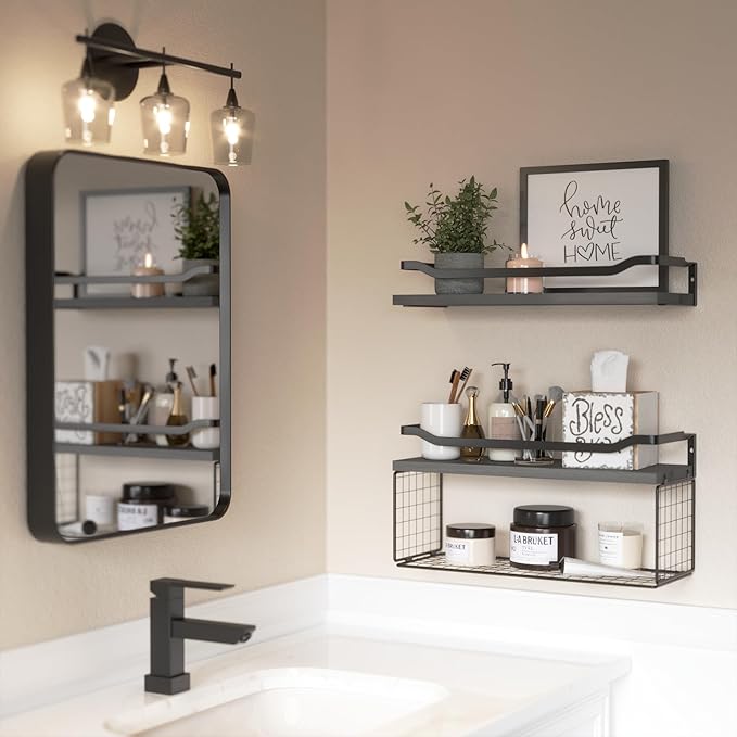Floating Shelves with Wire Storage Basket, Bathroom Shelves Over Toilet with Protective Metal Guardrail