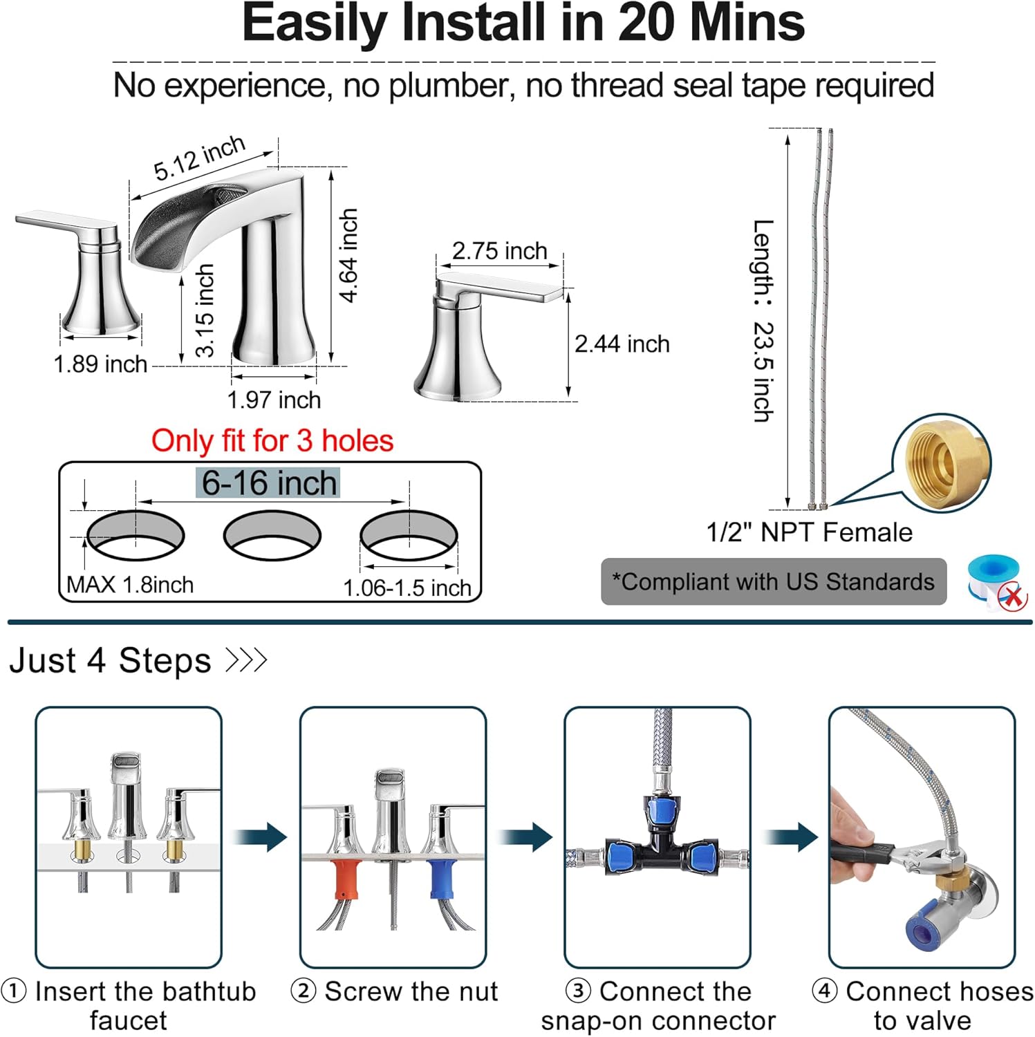 Chrome Deck Mount Tub Faucet 3 Hole, Brass Widespread Waterfall Bathtub Faucet 2 Handle 8-16 Ins Bath Tub Faucets Set High Flow Faucet for Bathtub