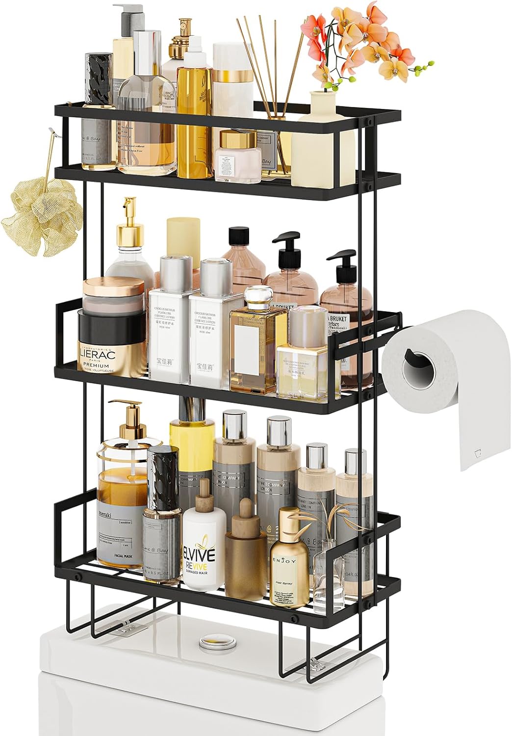 Bathroom Organizers and Storage, 3-Tier Bathroom Shelves, Over Toilet Storage with Paper Holder and 2 Hooks