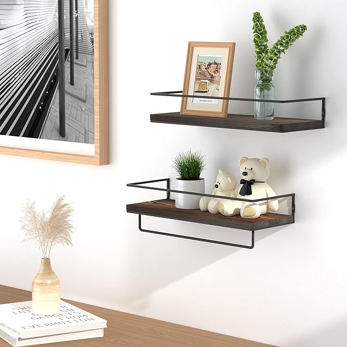 Floating Shelves for Wall Set of 2, Wall Mounted Storage Shelves with Metal Frame and Towel Rack for Bathroom