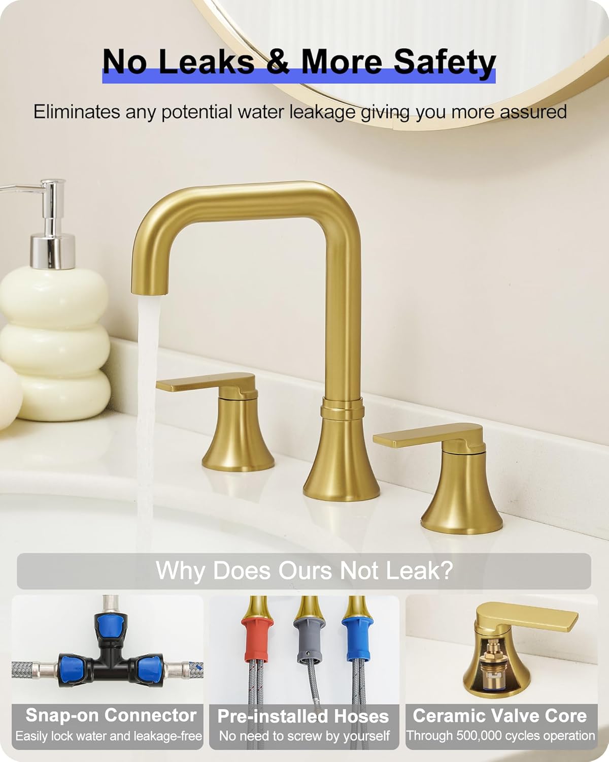 Brushed Gold Bathroom Faucet Widespread 4-16 Inch Sink Faucet Bathroom 3 Hole, 360 Degree Swivel Bathroom Faucets for Sink, Faucet for Bathroom Sink with 2 Handles & Pop-Up Drain Saving Water