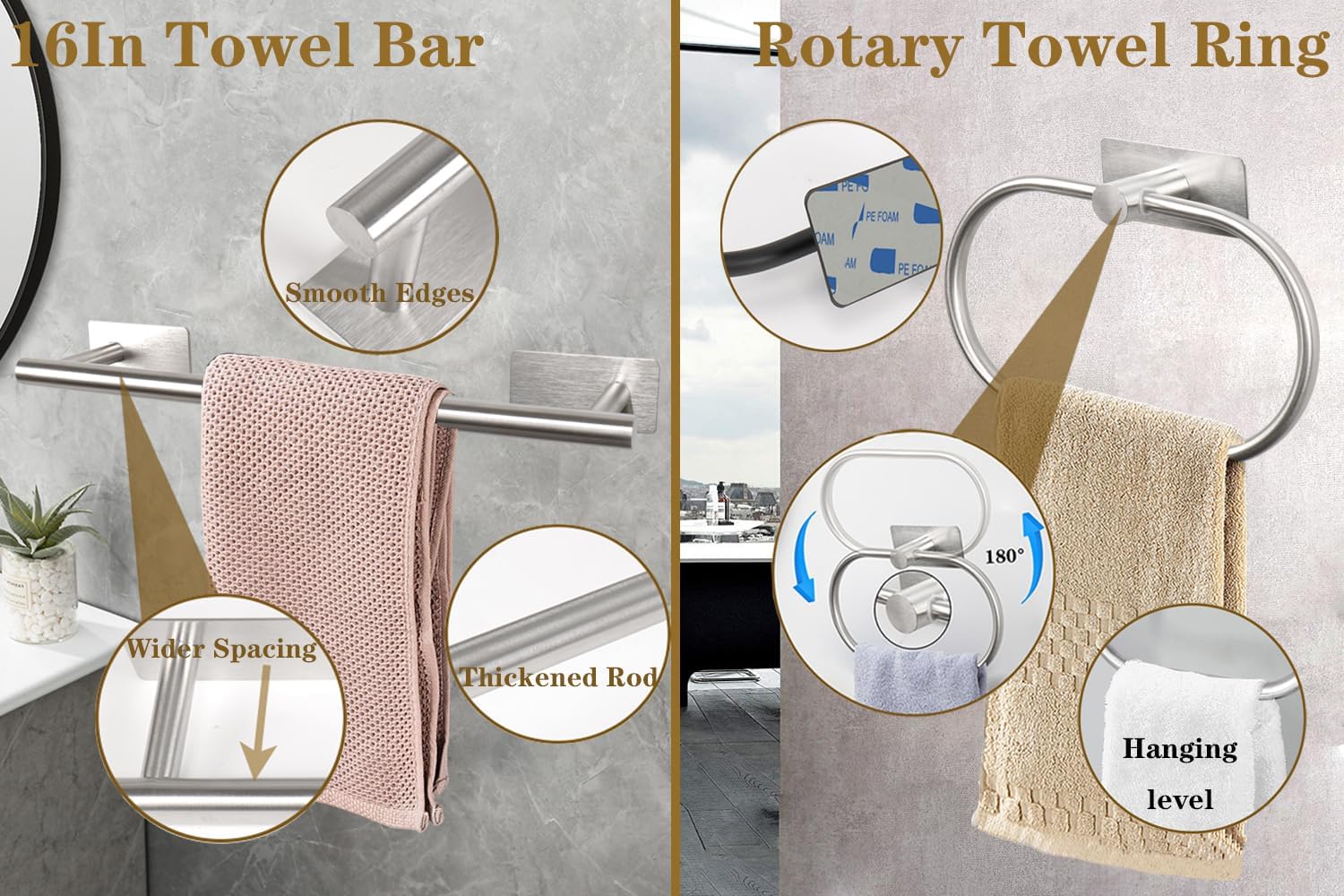 6 PCS Self Adhesive Bathroom Hardware Set, Stainless Steel Towel Rack Set - 16In Bath Towel Bar+Toilet Paper Holder+3 Towel Hooks+Towel Ring No Drill Bathroom Accessory Kit(Brushed Nickel)
