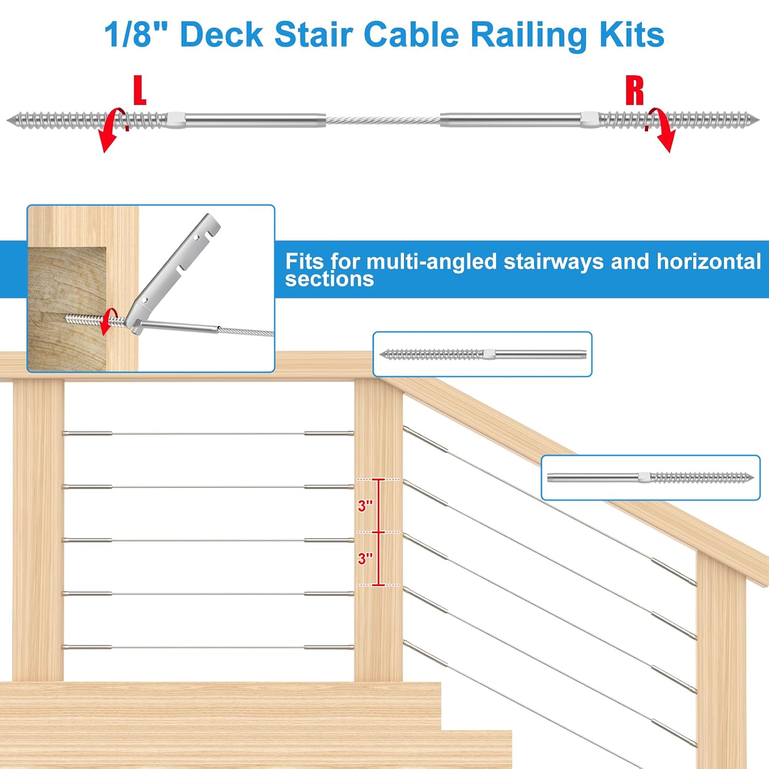 120Pack 1/8" Cable Railing Kit Swage Lag Screws for Wood Post