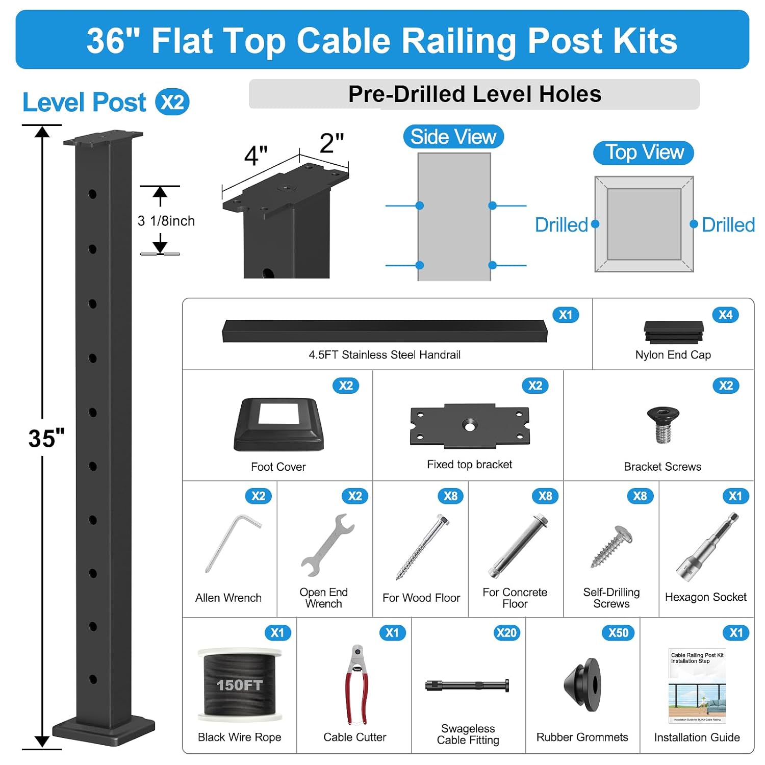 36" Complete Set Stair Cable Railing Post Kits, Wire Railing System